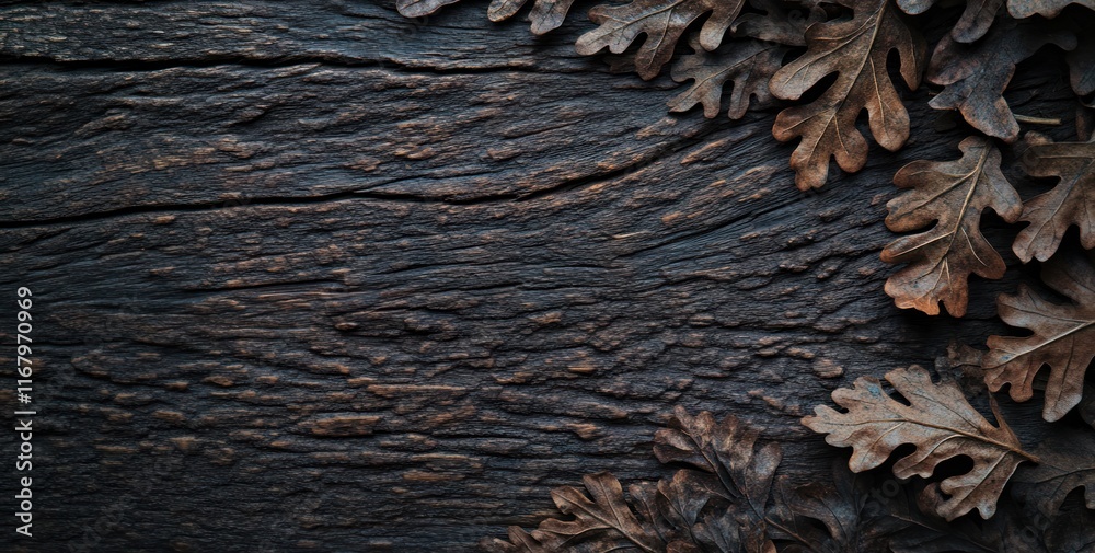 Dried oak leaves arranged on dark wooden background. Dried oak leaves arranged on dark wooden background.