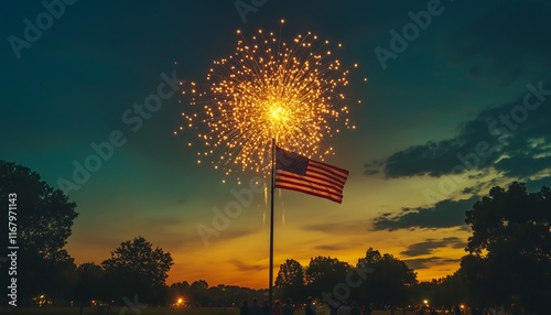 fireworks in the sky, Fireworks Bursting in the Night Sky Over an American Cityscape Celebrating Independence Day and National Festivities