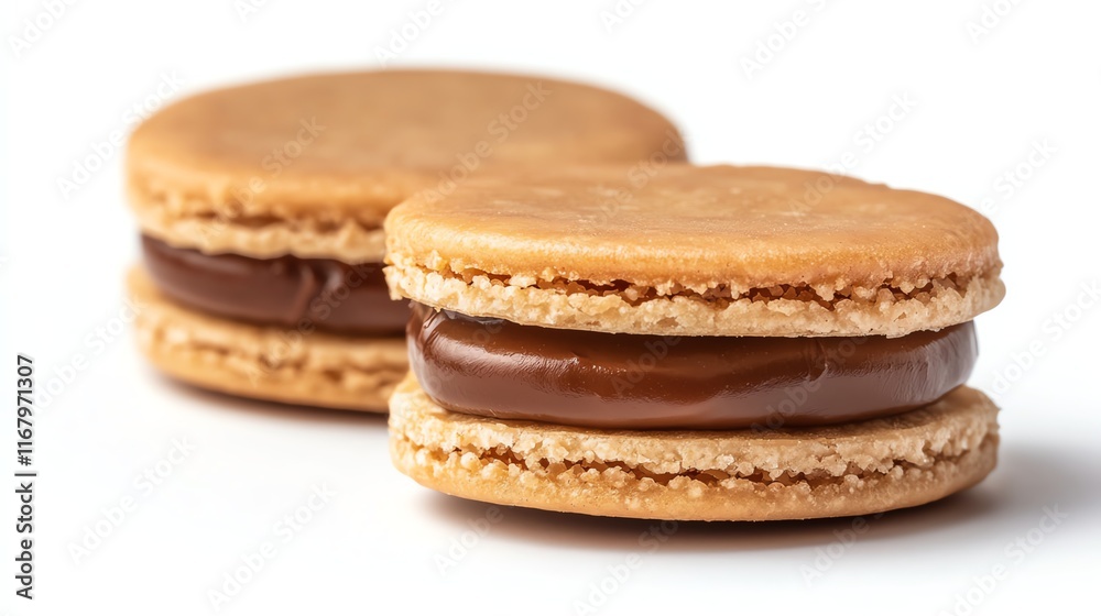 Two delicious macarons filled with rich chocolate cream, white isolated background. Two delicious macarons filled with rich chocolate cream, white isolated background.
