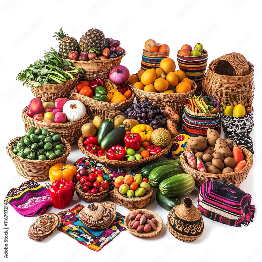 Fresh fruits and vegetables in woven baskets on white isolated background Fresh fruits and vegetables in woven baskets on white isolated background