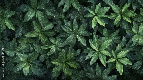 Lush green foliage overhead shot, dense leafy background texture.