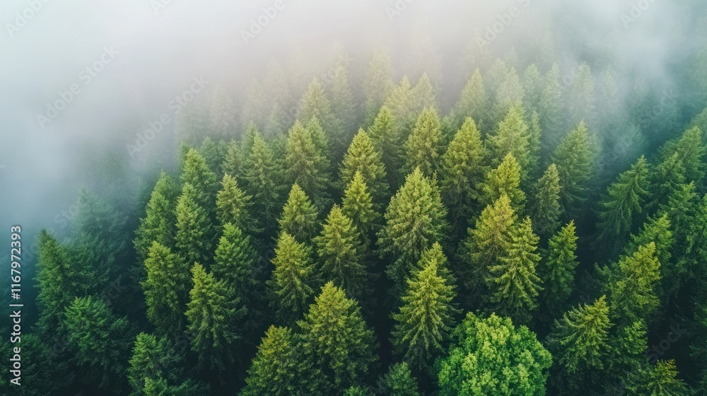 Aerial view of misty evergreen forest. Aerial view of misty evergreen forest.