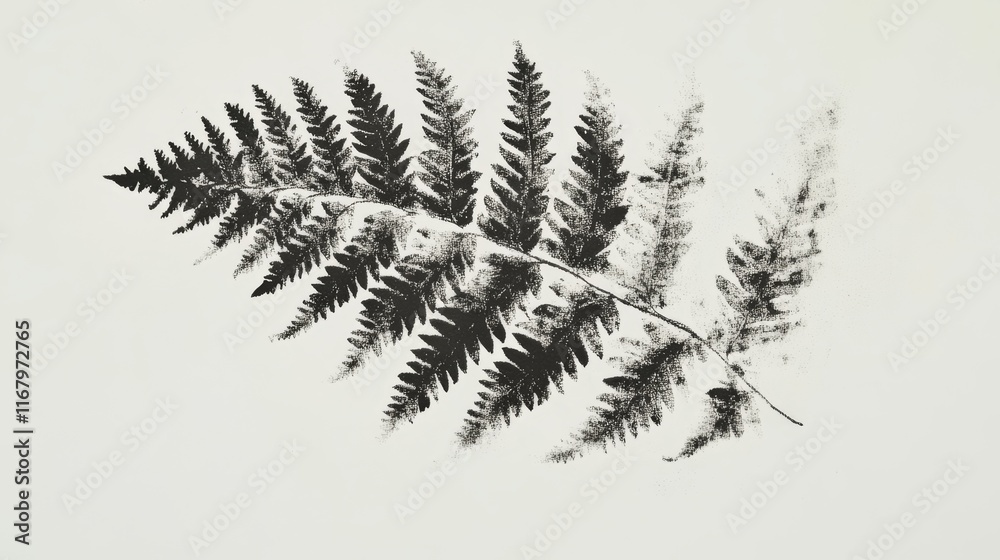 Naklejka premium 101.A detailed ink stamp of a fern leaf, with clear, organic textures and fine veins visible in the print. The imprintâ€™s natural, rough edges and dark ink create a striking visual effect, making it