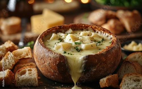 Warm Cheese Fondue in a Crusty Bread Bowl, Gourmet Appetizer, Creamy Cheese Delight, Melted Cheese, Delicious Food Photography