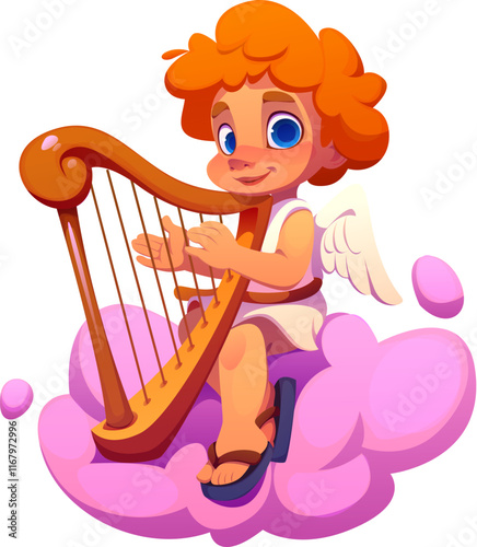 Cartoon valentine cherub and sweet angel character with orange curls and white wings playing a harp while sitting on a fluffy pink cloud, conveys serenity, and love playing romantic heavenly music