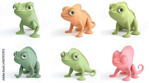 3D cartoon-style chameleon icons and playful objects, vibrant and minimal, isolated on white background.