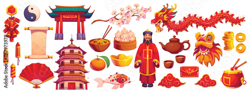 Chinese lunar New Year holiday characters of cartoon dragon, traditional food and red envelopes. Vector asian spring festival gold ingot, fan, fish and firecrackers. Chinese New Year lion mask, temple