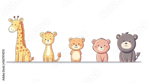 Cartoon-style minimal animal set featuring giraffe, lion, tiger, deer, elephant, and bear on a clean white background.  