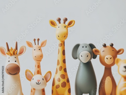 Adorable cartoon-style illustrations of giraffe, lion, tiger, deer, elephant, and bear in a minimal set, white background.  