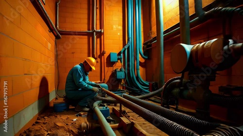 Worker repairs pipes in orange brick basement.