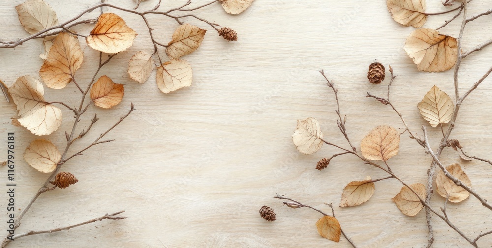 Dried leaves and branches arranged on light wood background, creating a natural frame. Dried leaves and branches arranged on light wood background, creating a natural frame.