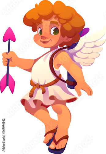 Cartoon valentine cherub and angel character holding a pink arrow, symbol of love and passion. Cute vector Cupid with curly hair, wings and playful expression, dressed in white tunic with a quiver