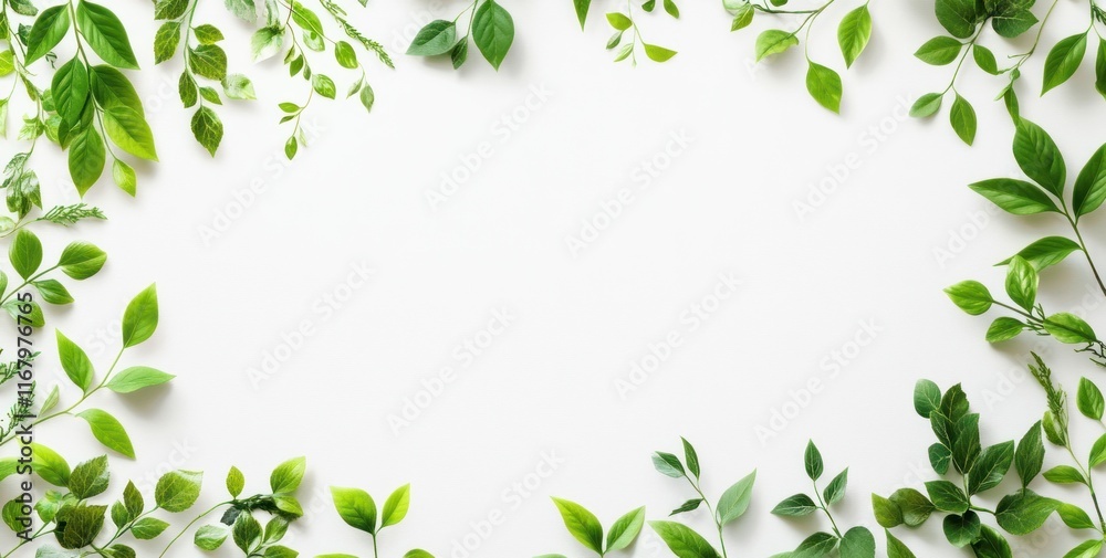 Lush green leaves frame on white background; copy space. Lush green leaves frame on white background; copy space.