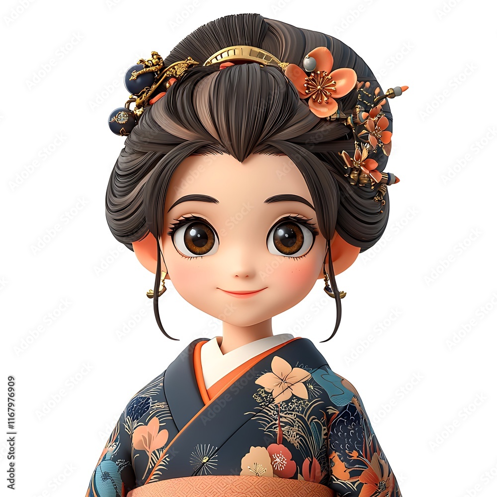 Adorable 3D Render of a Young Woman in Traditional Japanese Kimono with Intricate Hair Ornament. Adorable 3D Render of a Young Woman in Traditional Japanese Kimono with Intricate Hair Ornament.
