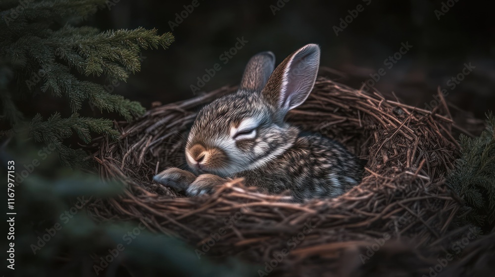 Adorable baby rabbit sleeping peacefully in a bird's nest nestled amongst greenery. Adorable baby rabbit sleeping peacefully in a bird's nest nestled amongst greenery.