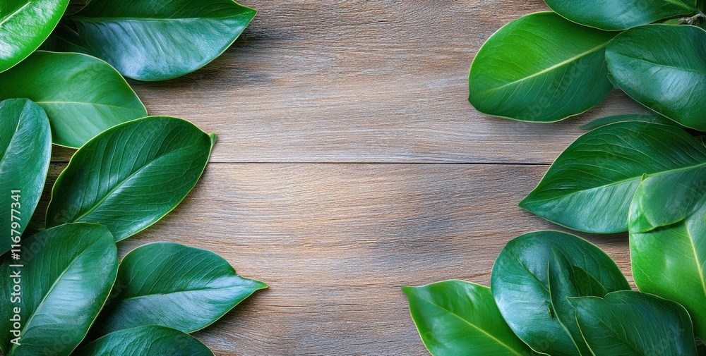 Lush green leaves frame rustic wooden background. (1) Lush green leaves frame rustic wooden background. (1)