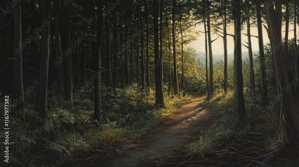 Sunlit path through a dense forest with tall trees and lush undergrowth. Sunlit path through a dense forest with tall trees and lush undergrowth.
