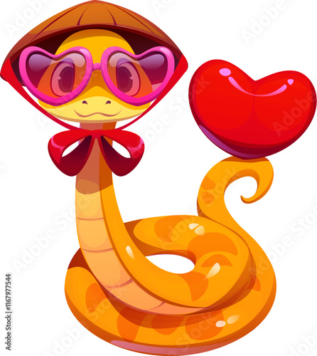 Chinese lunar new year and valentine day cartoon cute snake character holds red heart symbolizing love and affection. Golden reptile wearing oversized heart shaped pink glasses and conical bamboo hat