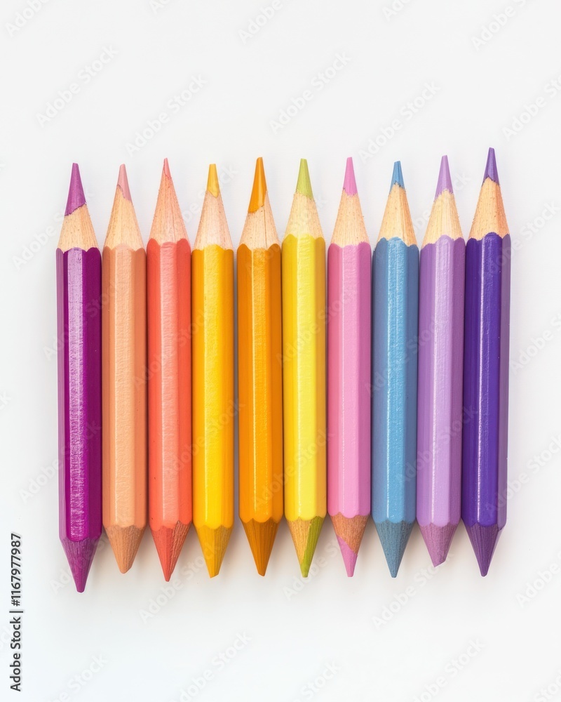 Colorful pencils arranged in a row on a white background. Colorful pencils arranged in a row on a white background.