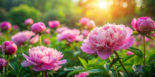 Fototapeta Naklejka Na Ścianę i Meble -  Softly glowing pink peonies in a lush garden amidst greenery and sunlight