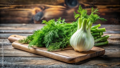 A bulb of fresh green fennel on a wooden cutting board photo