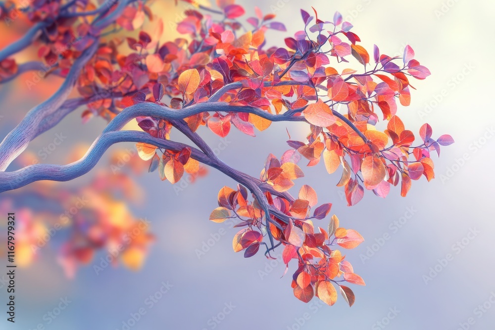 Elegant 3D tree design with a burst of vibrant leaves in various hues, featuring fluid, hanging branches and a softly blurred backdrop. Elegant 3D tree design with a burst of vibrant leaves in various hues, featuring fluid, hanging branches and a softly blurred backdrop.