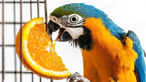 Colorful parrot eating an orange slice against a white background. photo