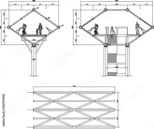 Vector sketch illustration silhouette design detail construction of pedestrian bridge with dimensions and sections.eps