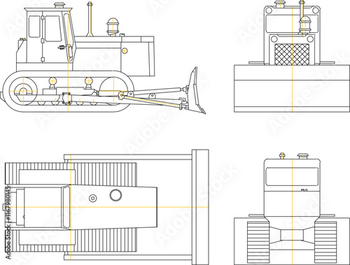 Vector sketch illustration silhouette design detail of construction vehicle bulldozers for road and bridge repair.eps