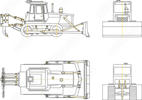Vector sketch illustration silhouette design detail of construction vehicle bulldozers for road and bridge repair.eps