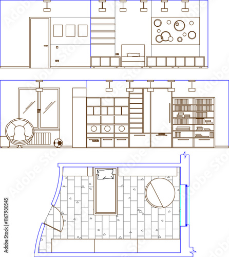 Vector sketch illustration silhouette design detail site plan view and section of interior building bedroom.eps