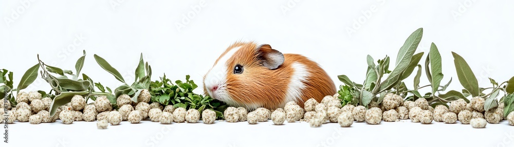 Guinea pig surrounded by fresh greens on a white isolate background. Guinea pig surrounded by fresh greens on a white isolate background.