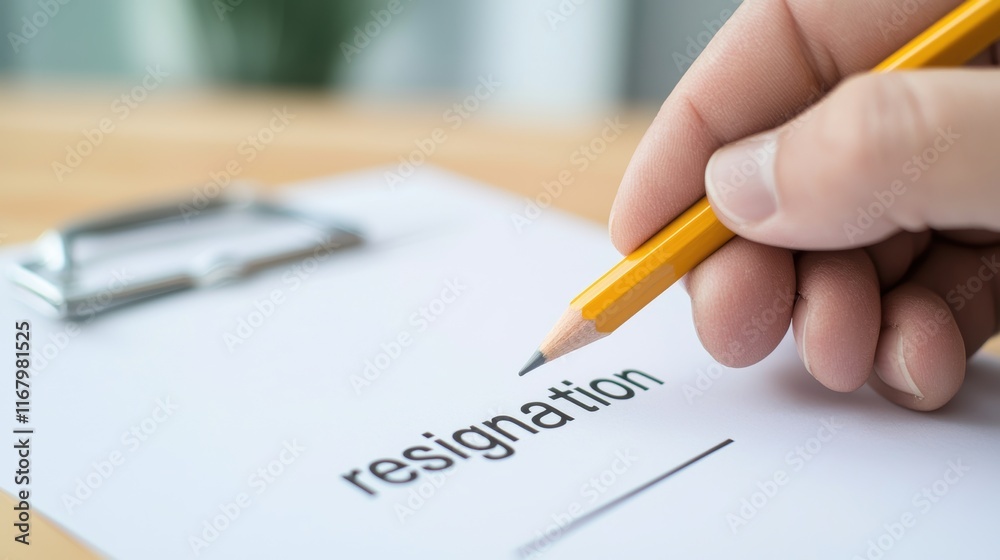 A hand holding a pencil poised over a resignation letter, symbolizing a decision to leave a job. A hand holding a pencil poised over a resignation letter, symbolizing a decision to leave a job.