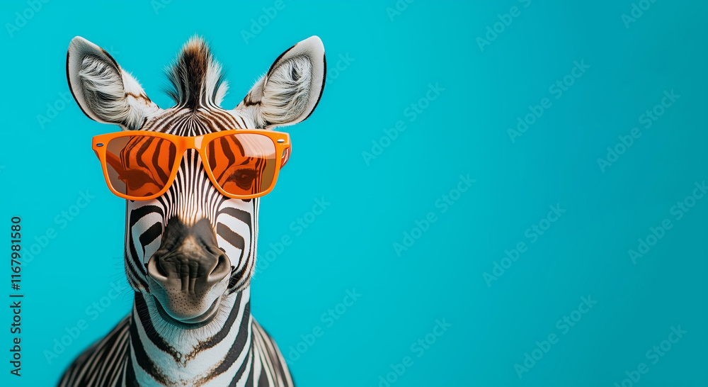 Quirky zebra wearing orange sunglasses against a vibrant blue background with copyspace, showcasing a fun and stylish animal concept. Quirky zebra wearing orange sunglasses against a vibrant blue background with copyspace, showcasing a fun and stylish animal concept.