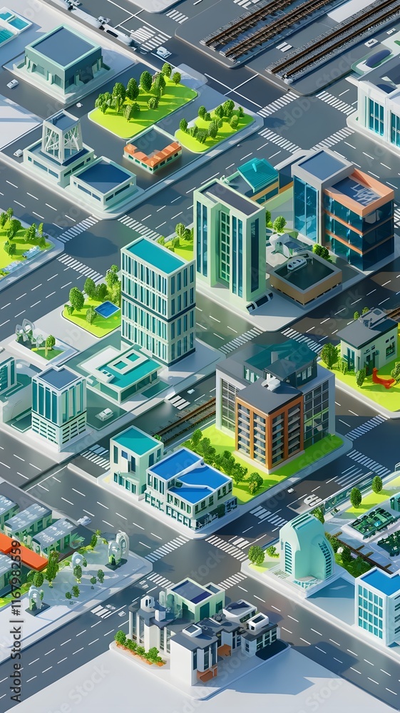 A 3D isometric render of a futuristic city with a grid layout. A 3D isometric render of a futuristic city with a grid layout.