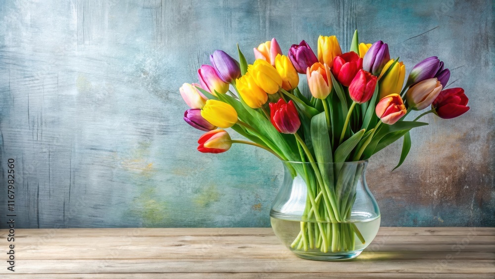 Vibrant colorful tulips arranged in a modern glass vase , Arrange, Floral Vibrant colorful tulips arranged in a modern glass vase , Arrange, Floral