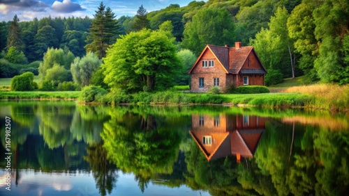 A rustic red-brick house stands serenely amidst a lush green landscape in a countryside setting near a serene lake with a mirror-like reflection on its surface , cottage, reflection