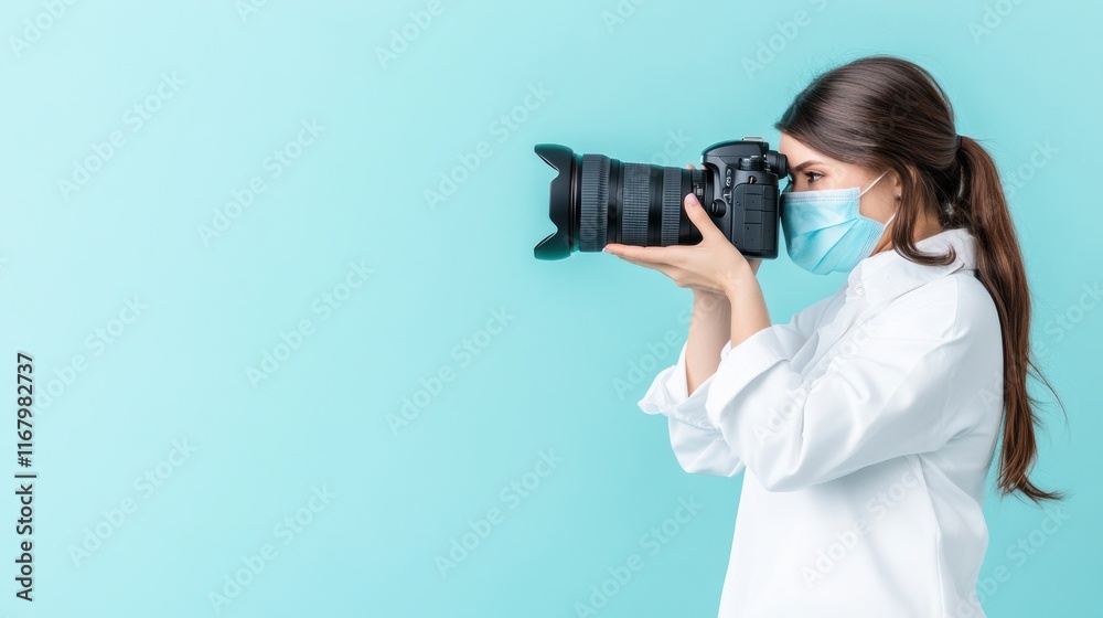 Photographer wearing a mask, capturing an image against a blue background. Photographer wearing a mask, capturing an image against a blue background.