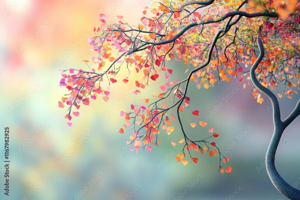 Fototapeta premium Elegant 3D tree design with a burst of vibrant leaves in various hues, featuring fluid, hanging branches and a softly blurred backdrop. 