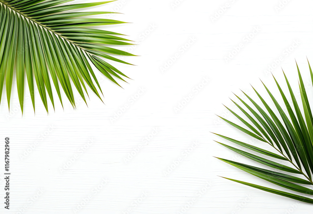 Fototapeta premium Tropical Minimalist Background Template with Palm Leaves on Textured White Surface