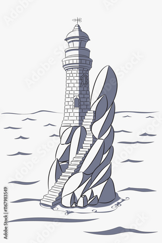 Vector drawing of a stone lighthouse on a high cliff in the sea.