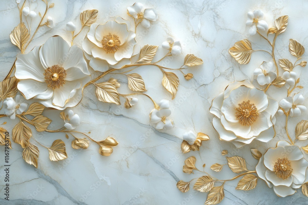 Elegant 3D wallpaper design featuring gold and white flowers with intricate petals and leaves, set against a luxurious white marble texture. Elegant 3D wallpaper design featuring gold and white flowers with intricate petals and leaves, set against a luxurious white marble texture.