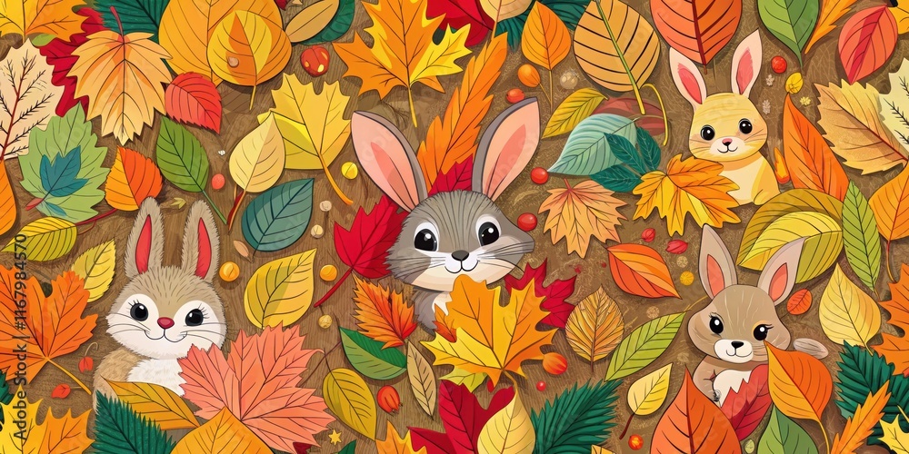 Colorful autumn leaves fall in a seamless pattern with cute animals such as squirrels and rabbits playing hide and seek among the foliage , forest, cute animals Colorful autumn leaves fall in a seamless pattern with cute animals such as squirrels and rabbits playing hide and seek among the foliage , forest, cute animals