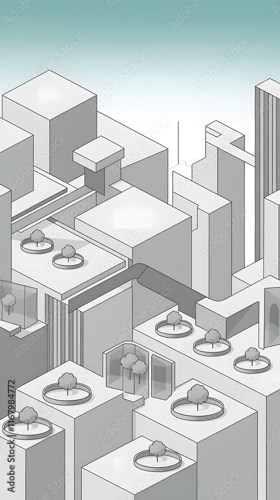 A minimalist and clean isometric illustration of a city with modern architecture. A minimalist and clean isometric illustration of a city with modern architecture.