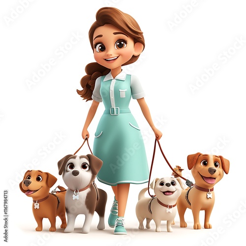 A cheerful cartoon girl walking four adorable dogs on leashes. photo