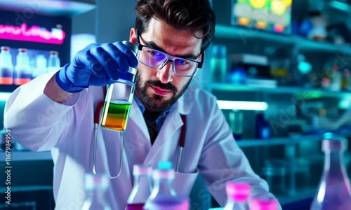 scientist in a white lab coat and safety glasses