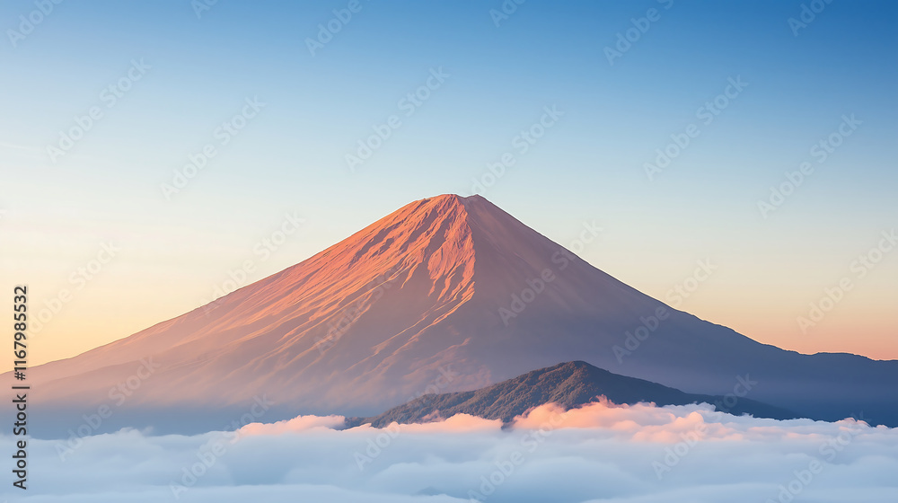 serene mountain peak emerging from clouds at sunrise, showcasing vibrant colors and majestic beauty. tranquil scene evokes sense of peace and wonder serene mountain peak emerging from clouds at sunrise, showcasing vibrant colors and majestic beauty. tranquil scene evokes sense of peace and wonder