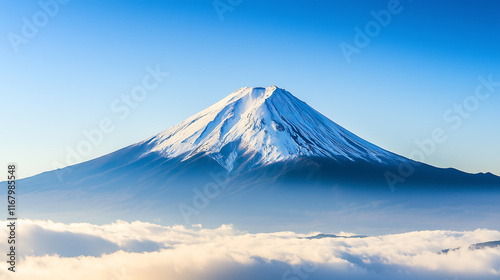 serene mountain peak emerging from clouds, showcasing majestic beauty and tranquility. snow capped summit stands tall against clear blue sky, creating breathtaking landscape