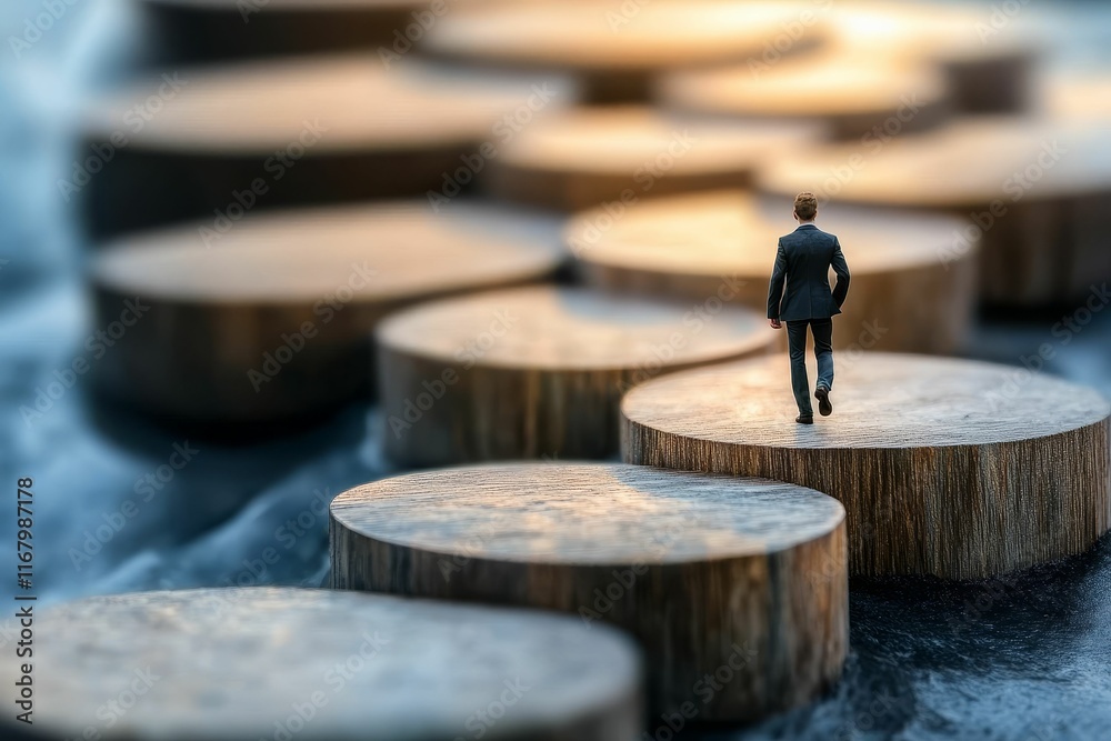 Fototapeta premium Man walks across stepping stones toward light.
