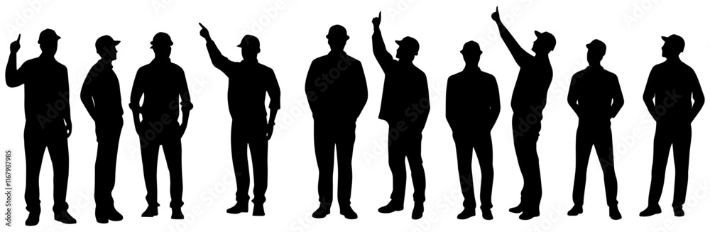 Silhouettes of Construction Workers Standing and Pointing in Various Poses Silhouettes of Construction Workers Standing and Pointing in Various Poses